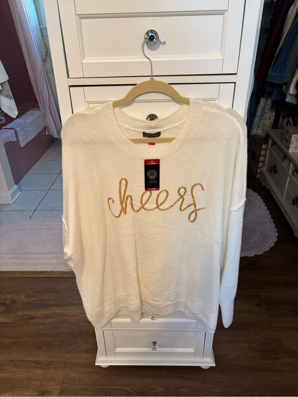 Vince Camuto Cream Crewneck Sweater with Gold 'cheers' Embroidery